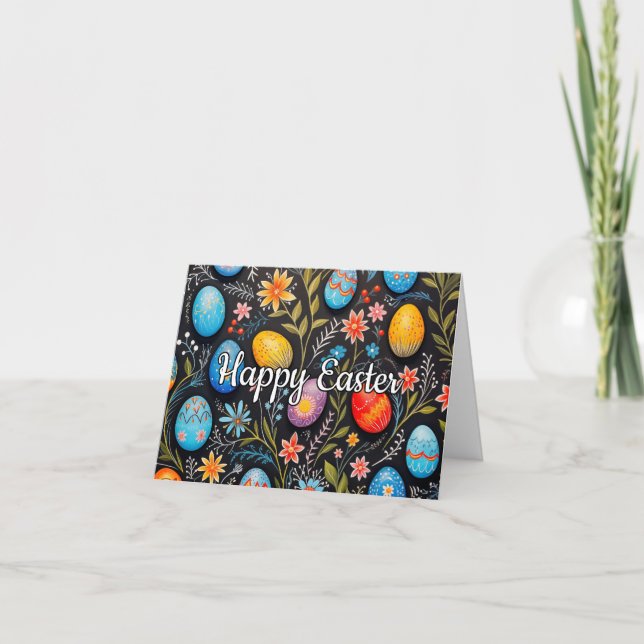 Cute Colourful Eggs & Spring Flowers Happy Easter Holiday Card (Front)