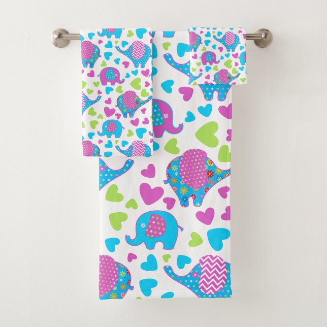 Cute Colourful Elephant Bath Towel Set (Insitu)