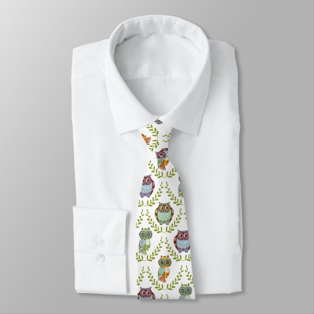 Cute Colourful Fall Colours Owls Pattern Tie (Tied)