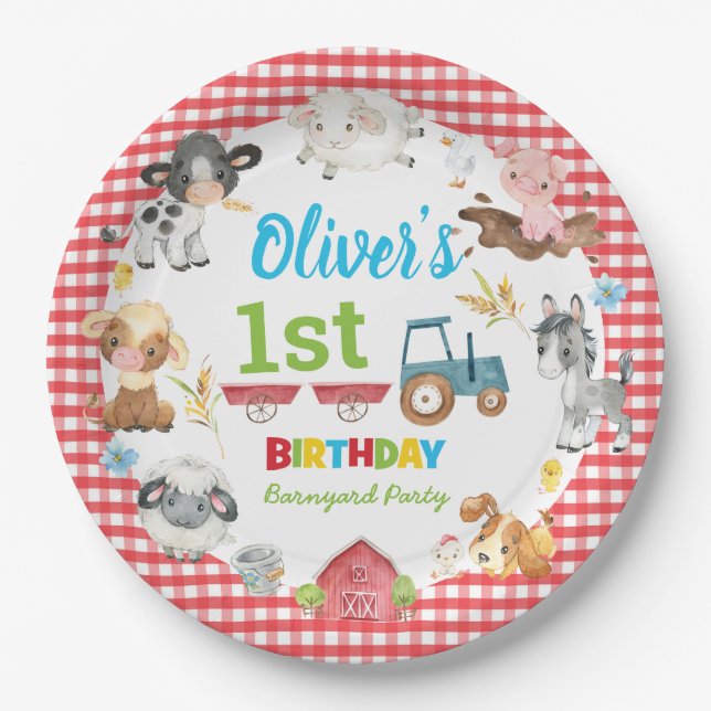 Cute Colourful Farm Animals Barnyard 1st Birthday  Paper Plate (Front)