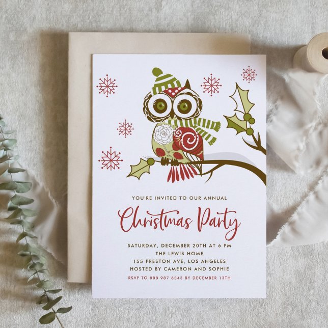 Cute Colourful Festive Red Owl Christmas Party Invitation (Creator Uploaded)