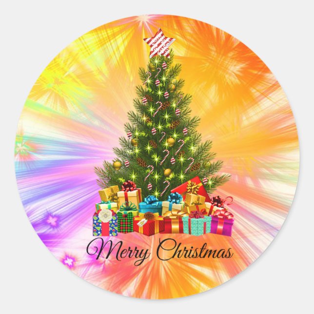 Cute, Colourful Fireworks, Christmas Tree & Gifts Classic Round Sticker (Front)