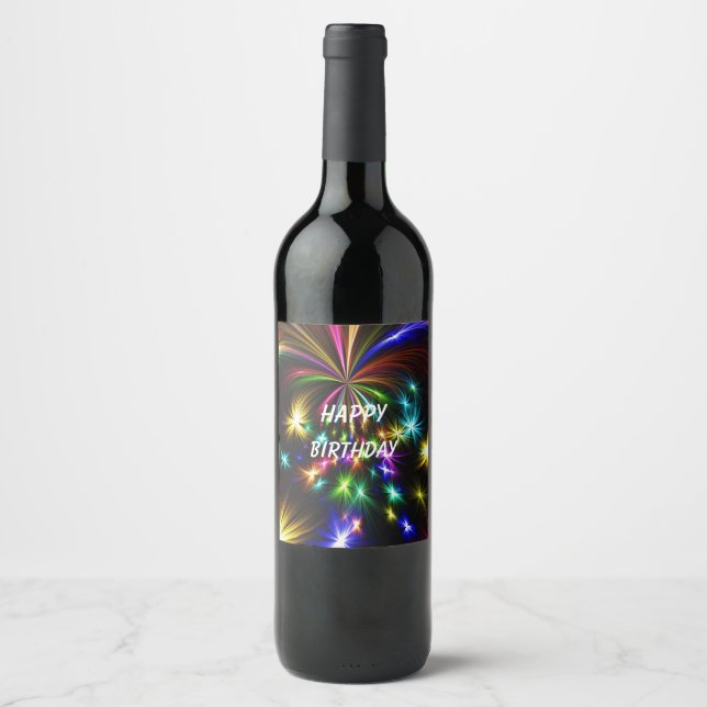 Cute, Colourful Fireworks, Happy Birthday Wine Label (Front)