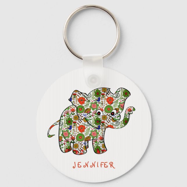 Cute Colourful Floral Baby Elephant Keychain (Front)