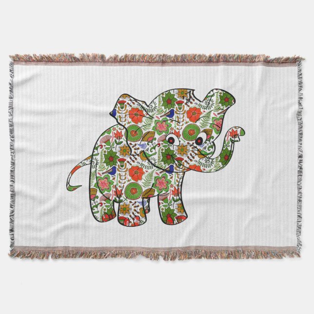 Cute Colourful Floral Baby Elephant Throw Blanket (Front)
