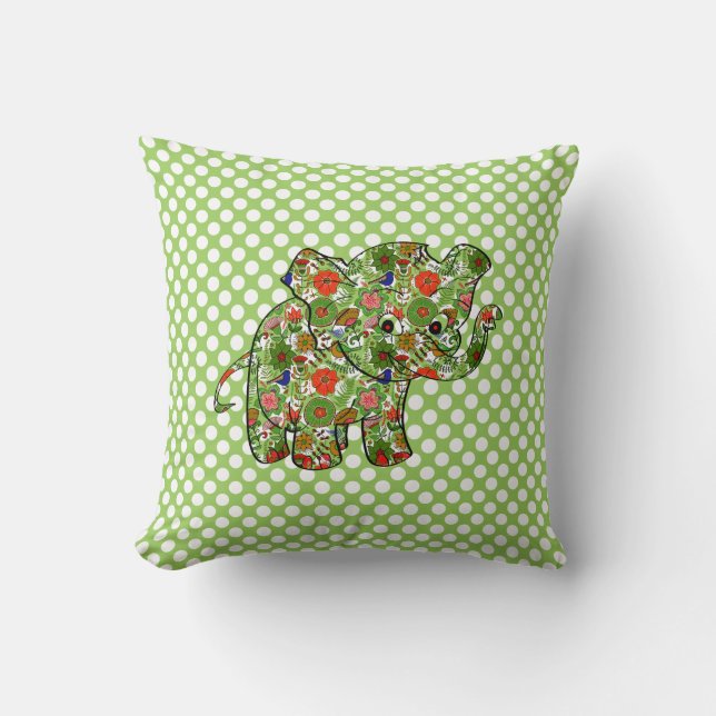 Cute Colourful Floral Baby Elephant Throw Pillow (Front)
