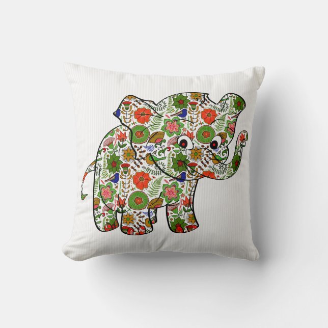 Cute Colourful Floral Baby Elephant Throw Pillow (Front)