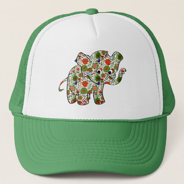 Cute Colourful Floral Baby Elephant Trucker Hat (Front)
