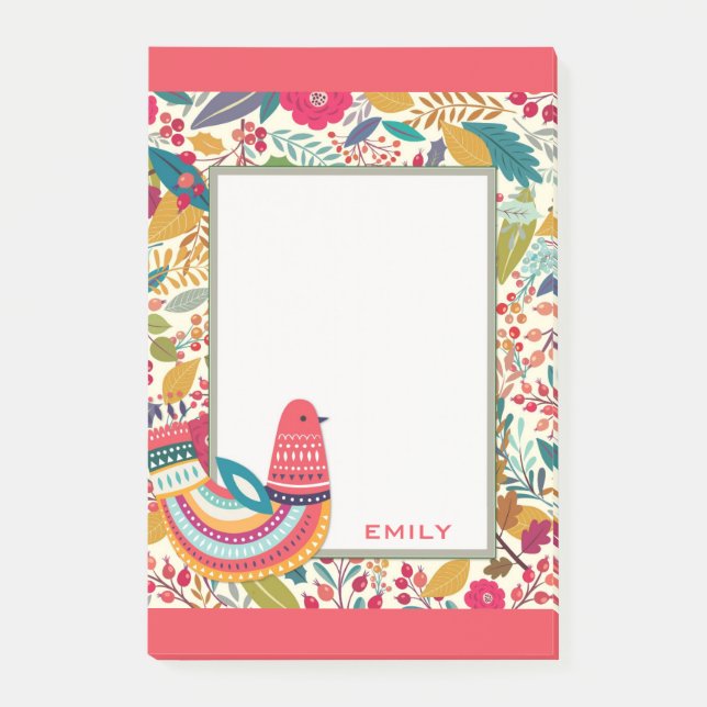 Cute Colourful Floral Bird Post-it Notes (Front)