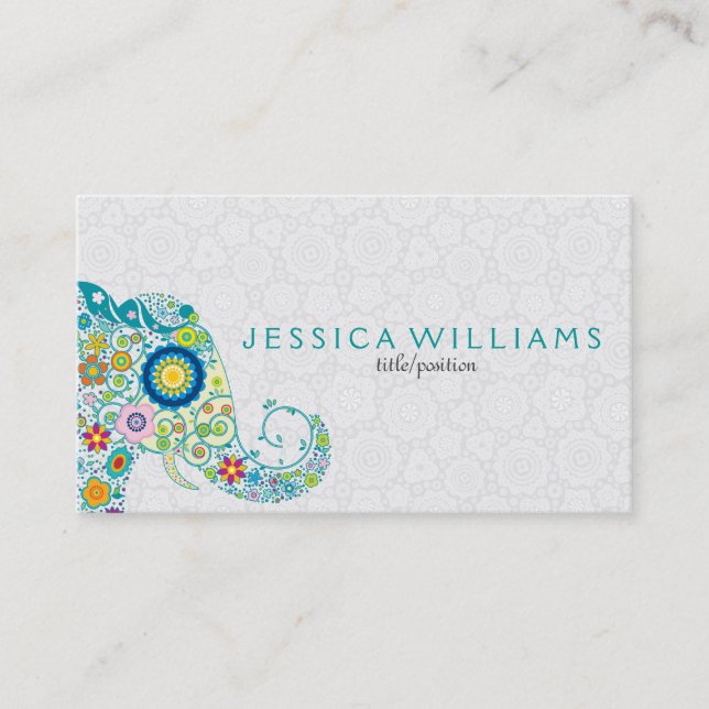 Cute Colourful Floral Elephant Business Card (Front)