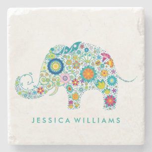 Cute Colourful Floral Elephant Illustration Stone Coaster