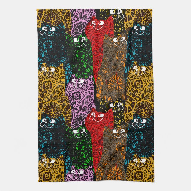 Cute & Colourful Floral Happy Cats  Kitchen Towel (Vertical)
