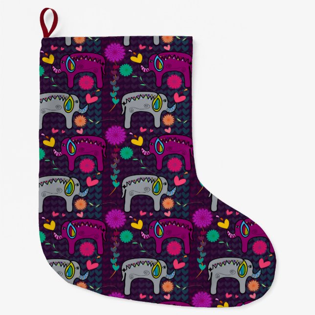 Cute colourful floral hearts elephant pattern large christmas stocking (Front)