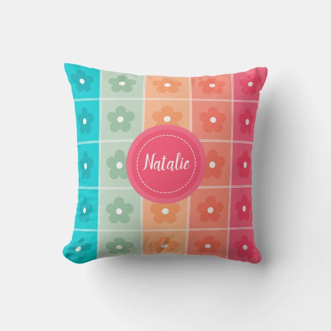 Cute Colourful Floral Pattern Personalized Throw Pillow (Front)