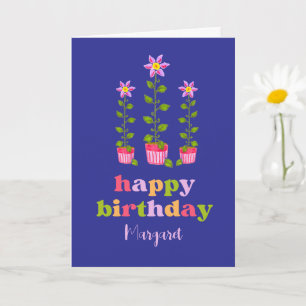 Cute Colourful Floral Personalized Navy Birthday Card