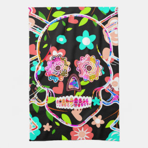 Cute colourful floral skull kitchen towel