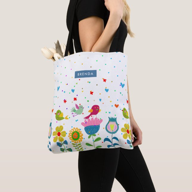 Cute colourful flowers and birds tote bag (Close Up)