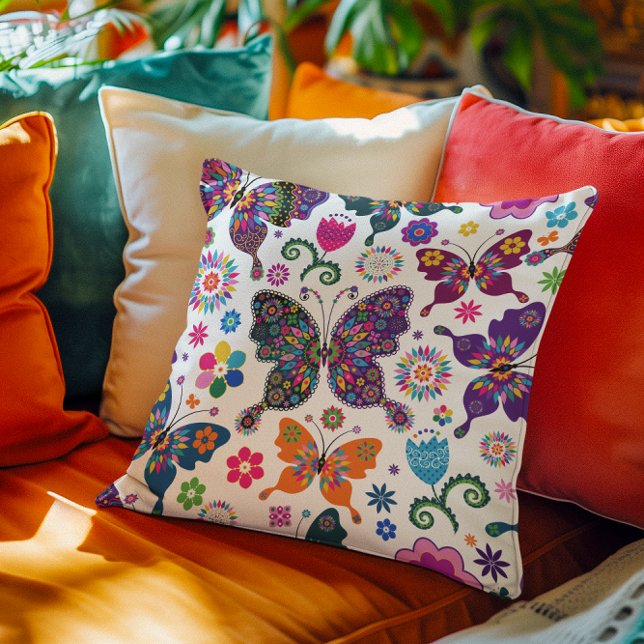 Cute Colourful Flowers & Butterflies Pattern Votiv Throw Pillow (Creator Uploaded)