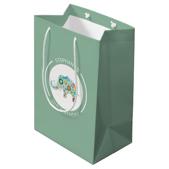 Cute colourful flowers elephant monogram medium gift bag (Back Angled)