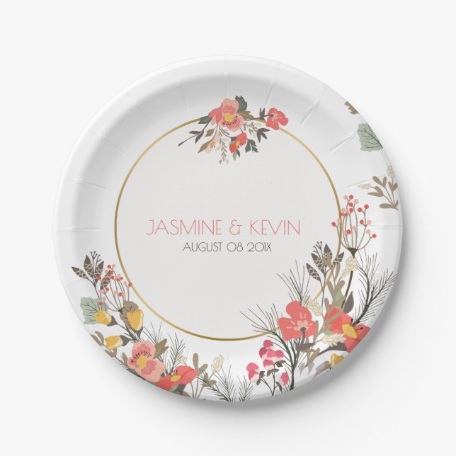 Cute Colourful Flowers Frame Gold Accent Paper Plate (Front)