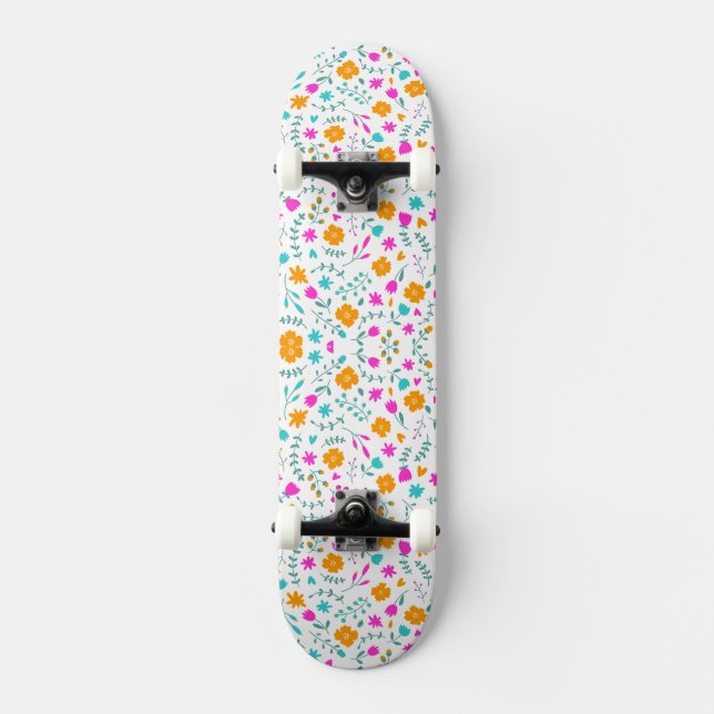 Cute colourful flowers pattern fabric skateboard (Front)