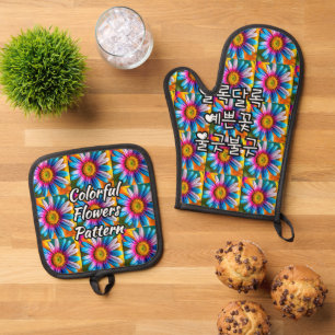 Cute Colourful Flowers Pattern Oven Mitt & Pot Holder Set