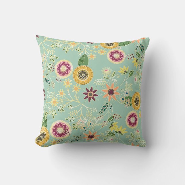 Cute Colourful Folk Floral Original Golden Design Throw Pillow (Front)