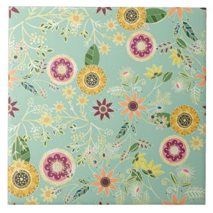Cute Colourful Folk Floral Original Golden Design Tile