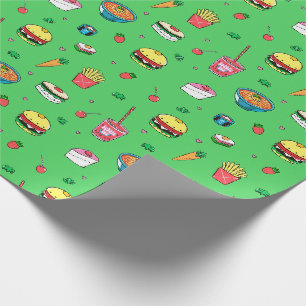 Cute Colourful Food Pattern on Green Wrapping Paper