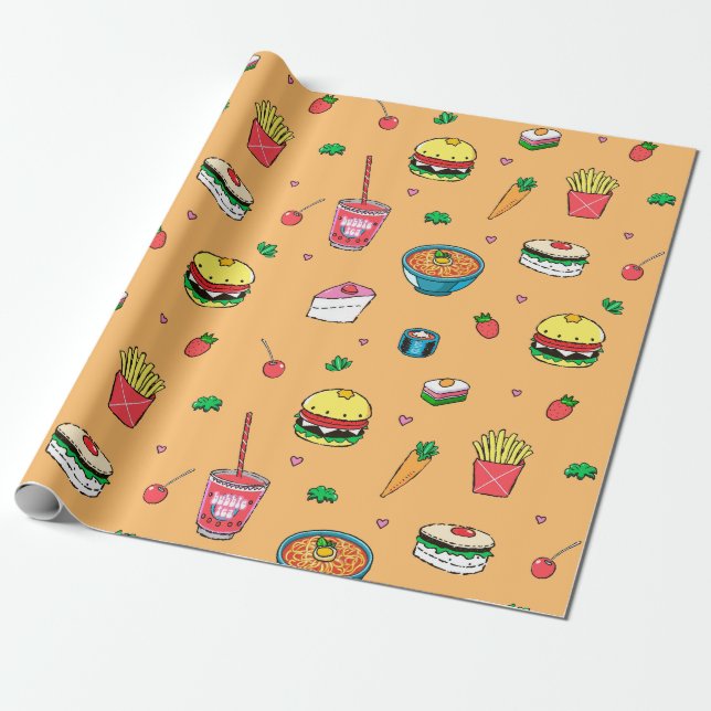 Cute Colourful Food Pattern on Orange Wrapping Paper (Unrolled)