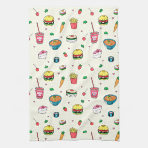 Cute Colourful Food Pattern on White Kitchen Towel