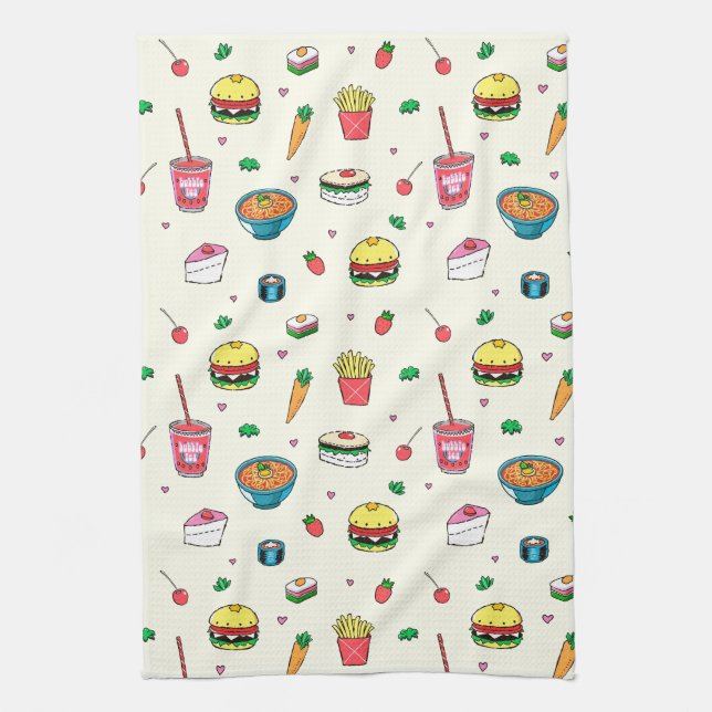 Cute Colourful Food Pattern on White Kitchen Towel (Vertical)