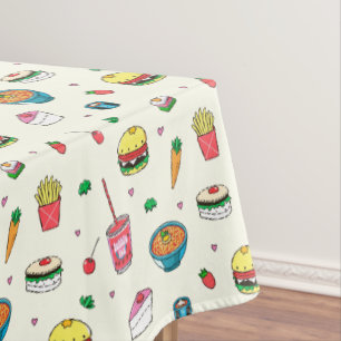 Cute Colourful Food Pattern on White Tablecloth