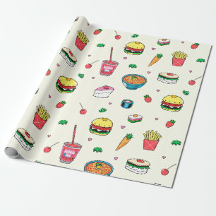 Cute Colourful Food Pattern on White Wrapping Paper