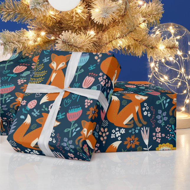Cute Colourful Foxes Flowers And Birds Pattern 2 Wrapping Paper (Holidays)