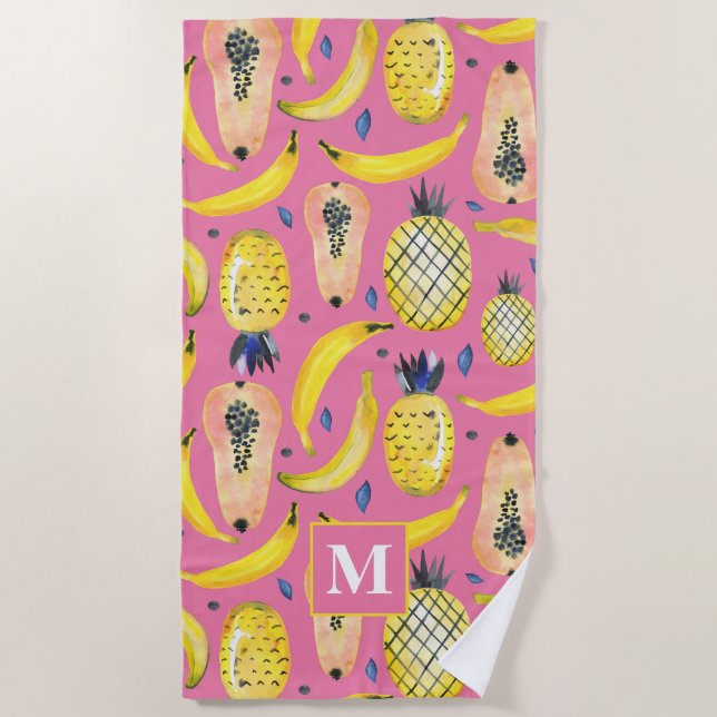Cute & Colourful Fruity Banana Papaya & Pineapple Beach Towel (Front)