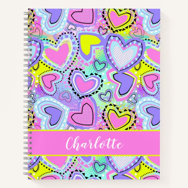 Cute Colourful Fun Pink Purple Bright Hearts Girls Notebook (Front)