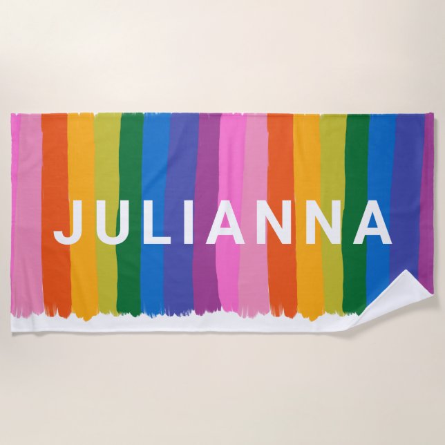 Cute Colourful Fun Rainbow Stripes Personalized Beach Towel (Front)