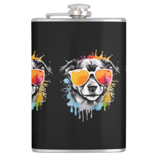 Cute colourful funny Dog portrait rainbow coloured Hip Flask