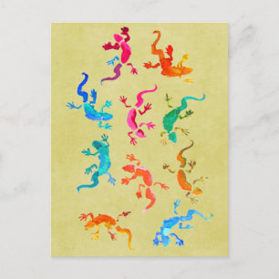 Cute colourful gecko lizard illustration postcard