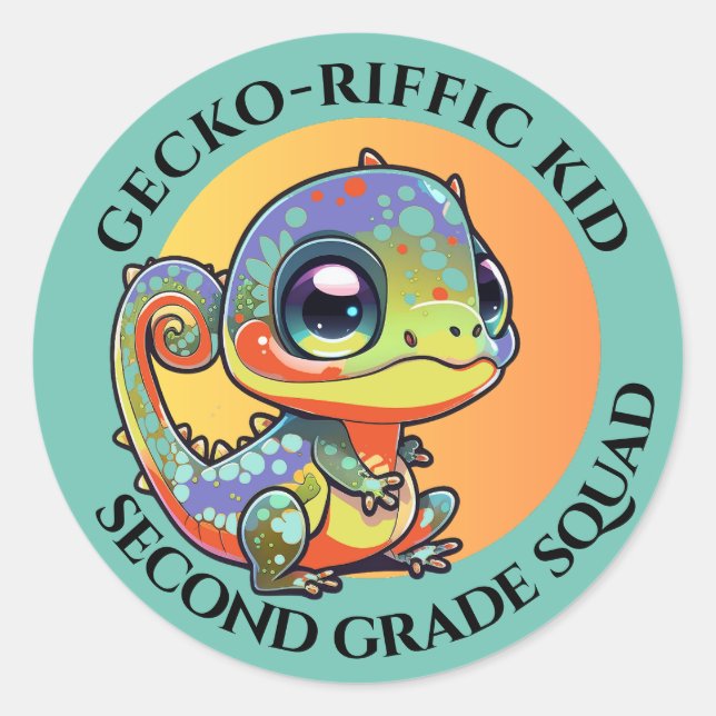 Cute Colourful Gecko with Customizable Text Option Classic Round Sticker (Front)