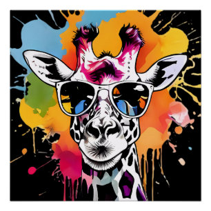 Cute colourful Giraffa with sunglasses splash Poster