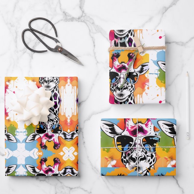 Cute colourful Giraffa with sunglasses splash Wrapping Paper Sheet (Front)