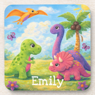 Cute Colourful Girl Dinosaur Friends Kids Coaster