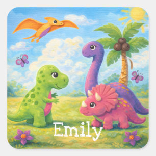 Cute Colourful Girl Dinosaur Friends Kids  Square Sticker