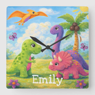 Cute Colourful Girl Dinosaur Friends Kids Square Wall Clock
