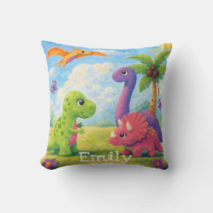 Cute Colourful Girl Dinosaur Friends Kids Throw Pillow