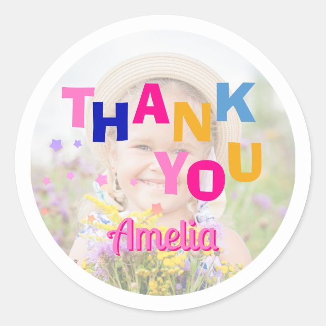 Cute Colourful Girl Photo Birthday Thank you Classic Round Sticker (Front)