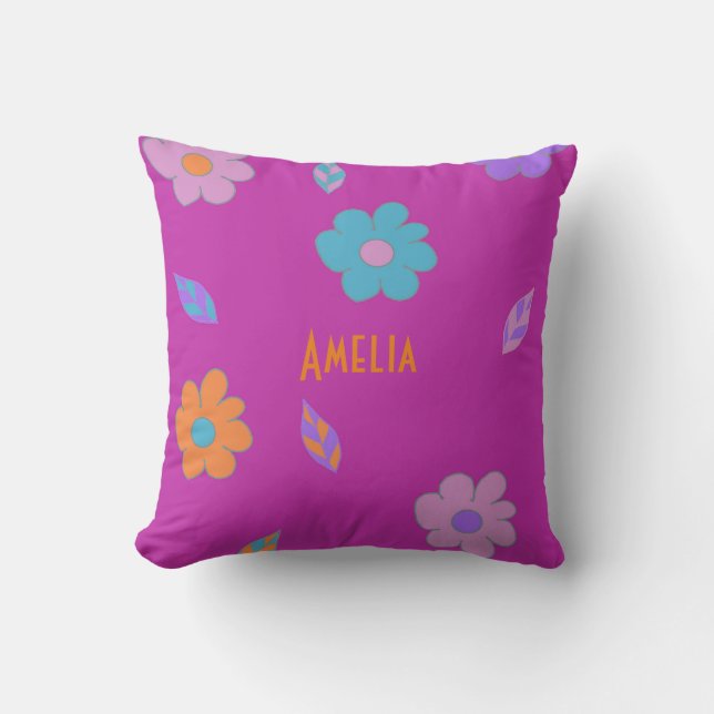 Cute Colourful Girls Retro Flower Throw Pillow (Front)
