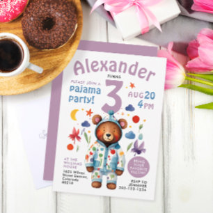 Cute Colourful Girly Bear Pajama Bday Watercolor  Invitation